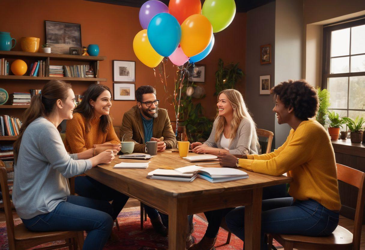A lively and inviting community scene depicting diverse adults engaging in discussions around a vibrant table, filled with laptops, coffee cups, and colorful books. Surround the scene with playful decorations symbolizing creativity and openness, like colorful balloons and art pieces. Add a warm ambiance with soft lighting, suggesting a welcoming environment. Make the characters of various backgrounds convey a sense of camaraderie and passion for sharing knowledge. super-realistic. vibrant colors. cozy atmosphere.