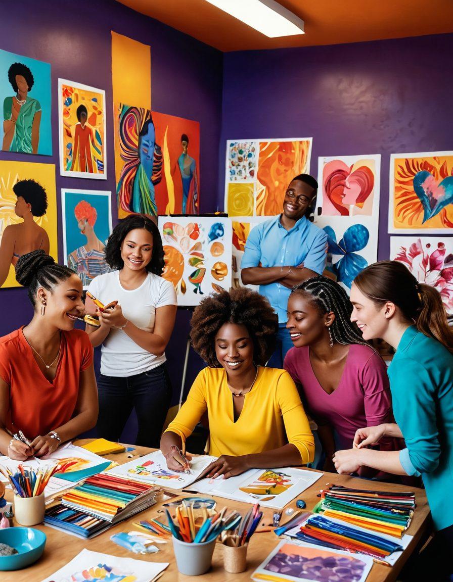 A harmonious scene depicting a diverse group of people engaging in an art class about sexual wellness, surrounded by vibrant art supplies, colorful artwork on the walls, and educational posters blending artistic designs with informative content. The atmosphere is warm and inviting, encouraging open discussions, with an emphasis on creativity and learning. super-realistic. vibrant colors. 3D.